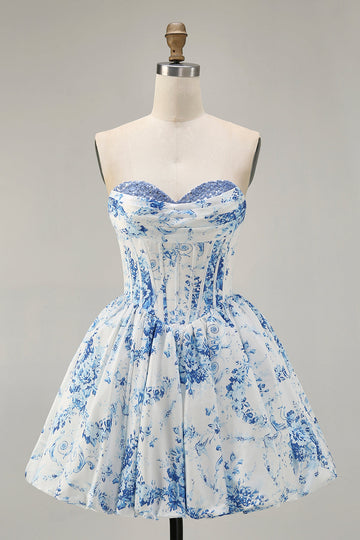 Strapless White Blue Flower A-Line Printed Cocktail Dress with Beading